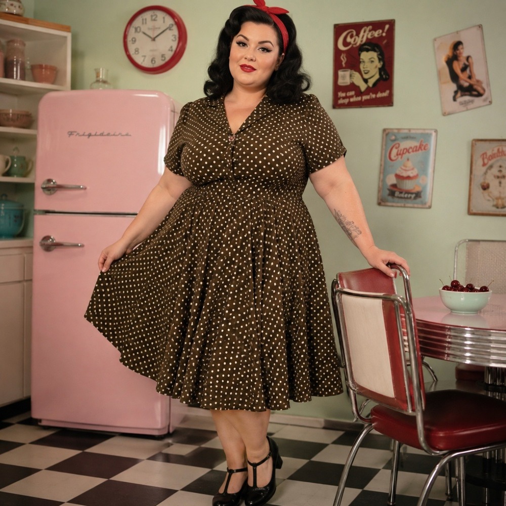 Hell Bunny Vixen Brown Polka Dot Rockabilly Pinup Dress 4XL Plus Size Retro